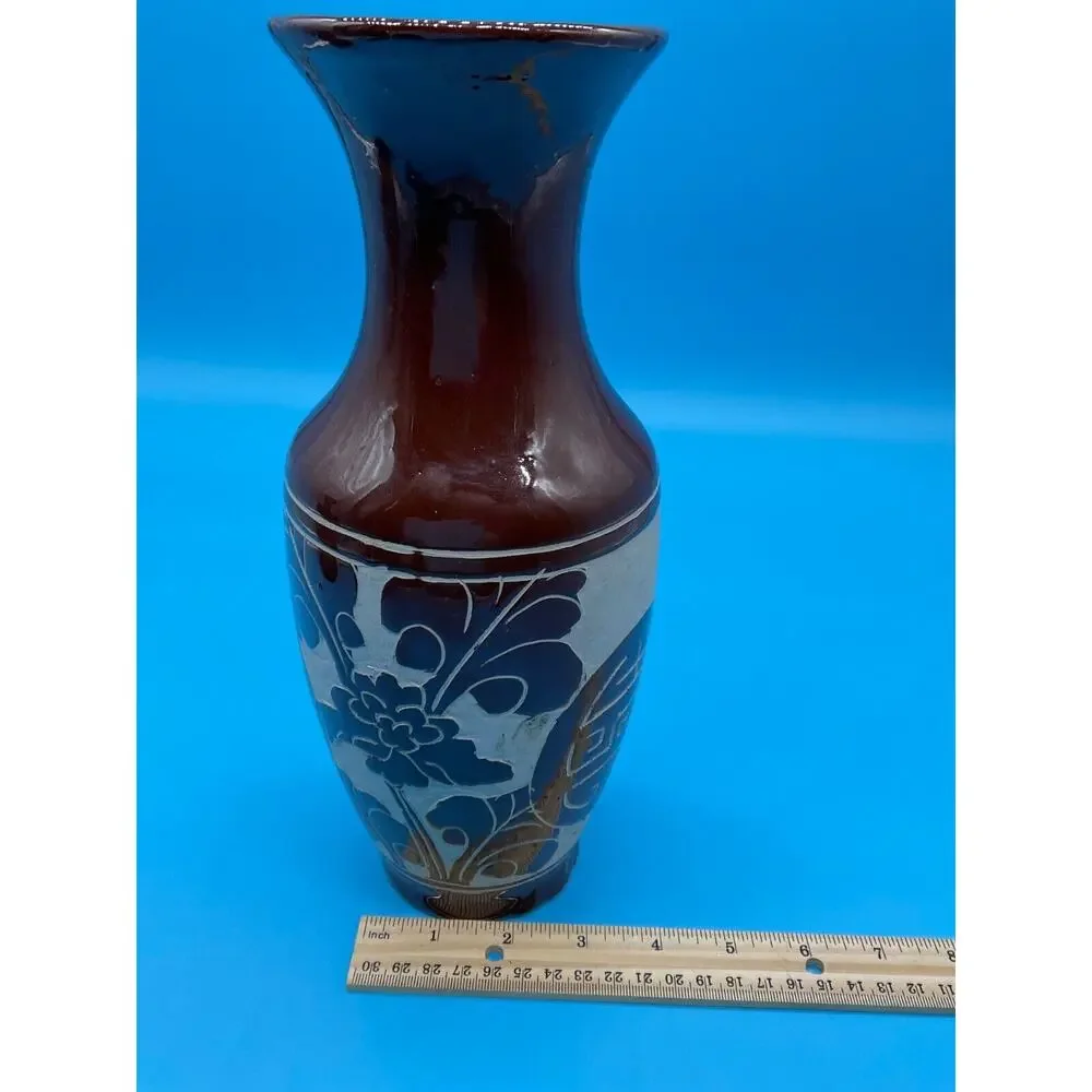 Vintage Brown Ceramic Vase‎ Handcrafted Floral Design 11